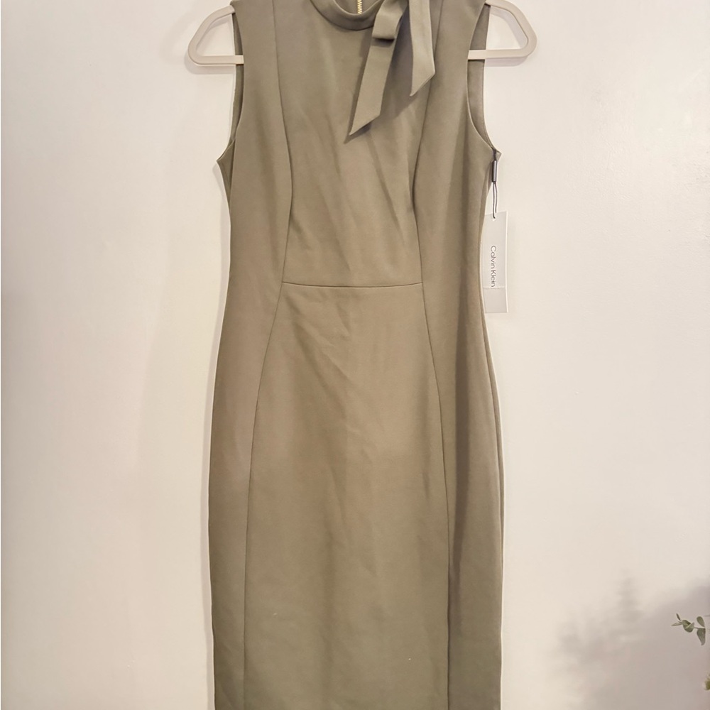Calvin Klein Taupe Midi Dress with Bow Accent